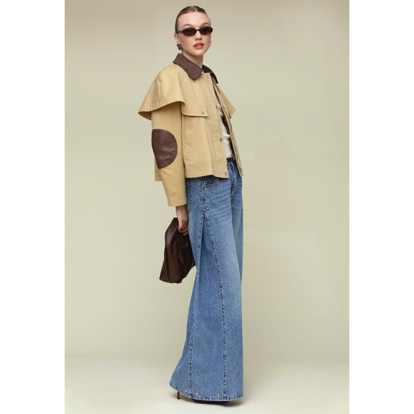 Last Chance! New Avec Les Filles Cotton Cape Faux Leather Trim Jacket Khaki - Picture 2 of 7